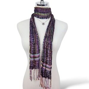 Boho Womens OS Fringe Multi Color Knit Skinny Scarf Whimsical Indie Accessory